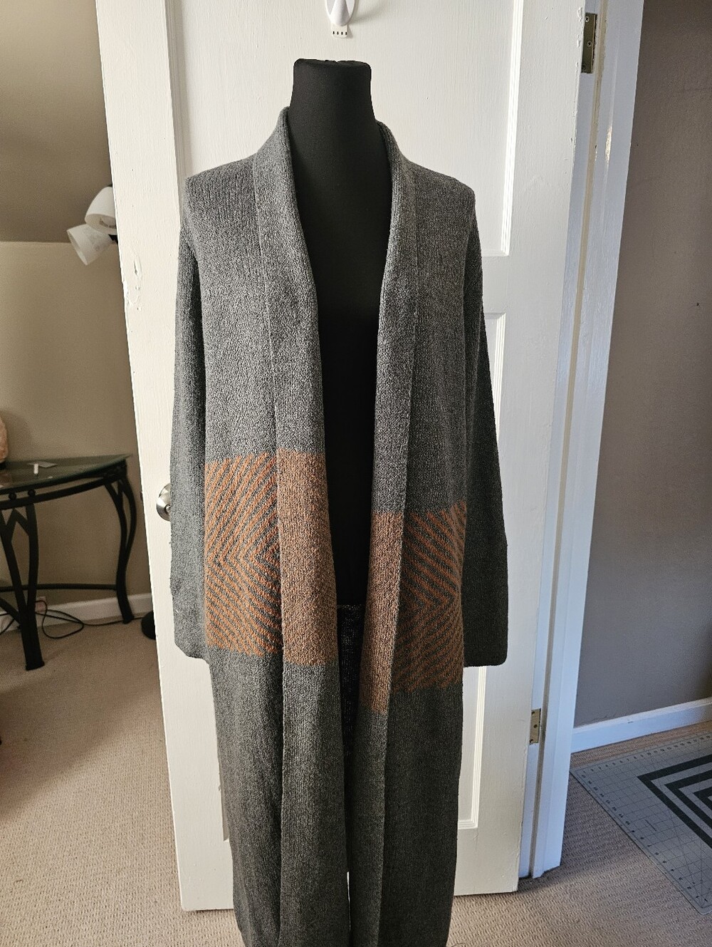 Womens Gray Open-Front Long Knit Coatigan Duster with Brown Panels Nwt